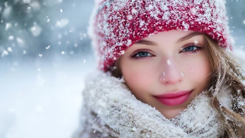 Snow-covered woman in red knit hat with serene gaze.