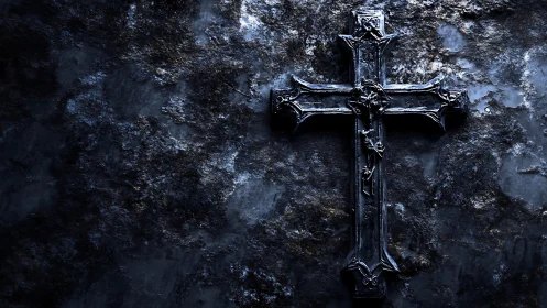 Weathered metal crucifix against dark textured stone wall.