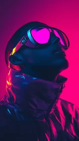 Neon-lit figure gazes upward in futuristic cyber visor.