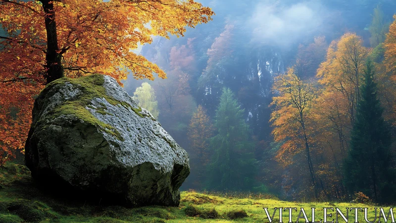 Ancient mossy boulder rests in a misty, glowing autumn forest