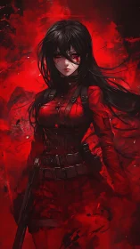 Scarlet-eyed warrior stands in blood-red abstract storm