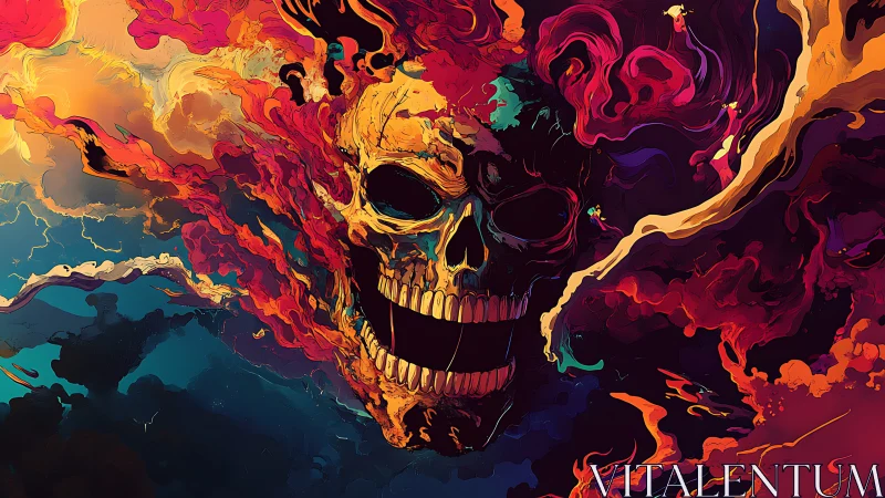 Flaming skull dissolving into swirling neon stormscape.