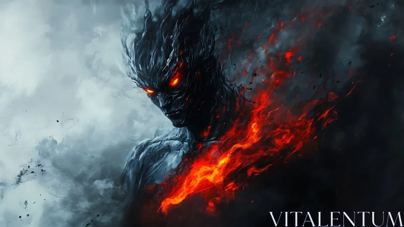 Infernal ember titan rising from storm-wreathed shadows.