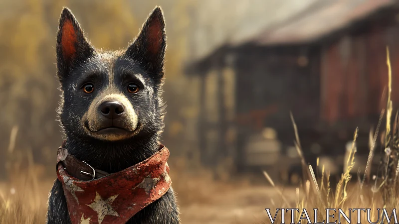 Blue heeler dog portrait with red bandana outdoors.