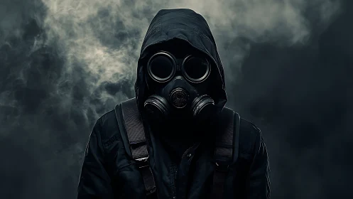 Photorealistic hooded survivor in industrial gas mask portrait.
