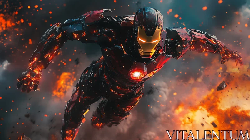 Armored hero soaring through explosive battlefield skies.