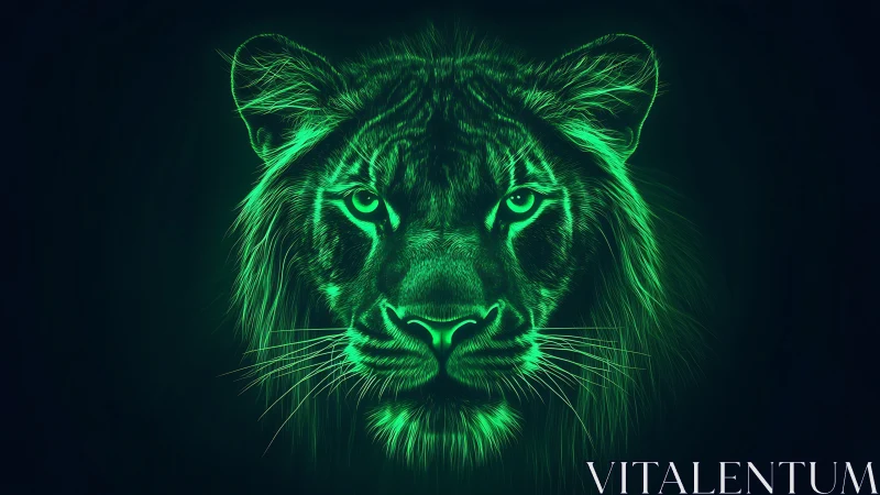 Neon green lion portrait glows against deep black void