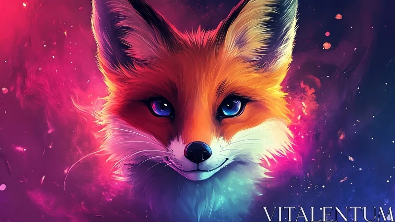Fox portrait against abstract neon gradient background.