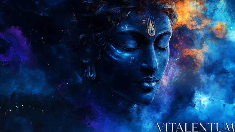 Cosmic blue deity dreaming quietly inside swirling nebulae.