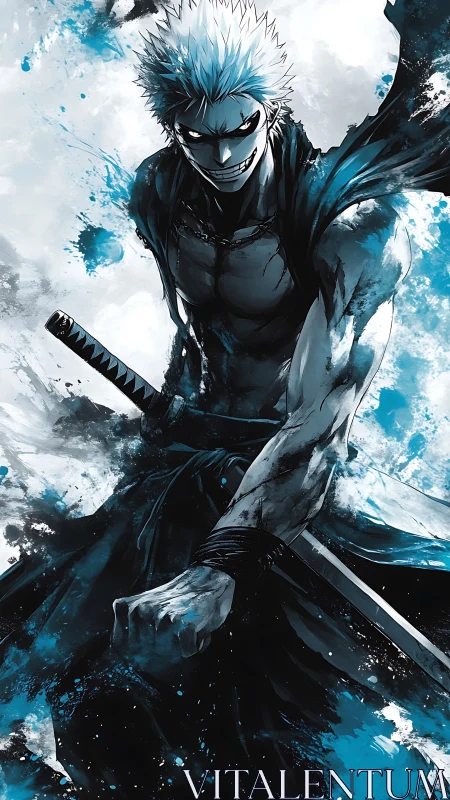 Sword-wielding anime warrior amid blue ink splashes.