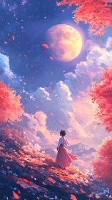 Figure stands on sloped field under enlarged full moon