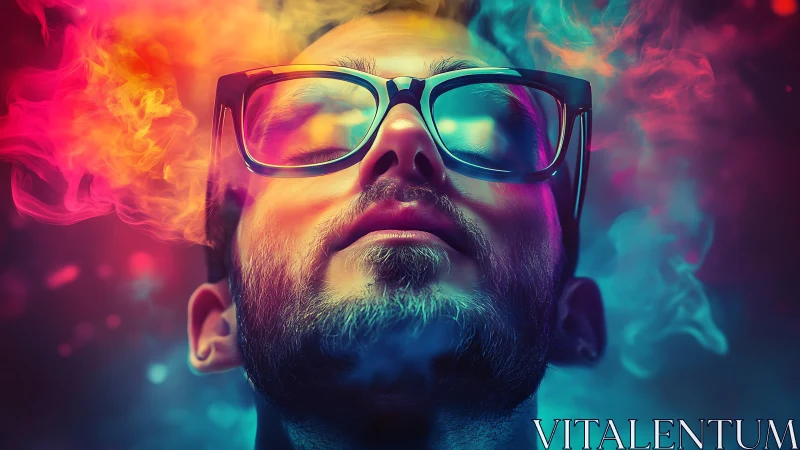 Dreamy bearded thinker glowing in swirling neon clouds.