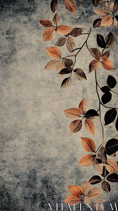 Autumn vine leaves descend over textured blue-gray backdrop