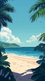 Tropical beach landscape with palm fronds and blue ocean under clear sky.