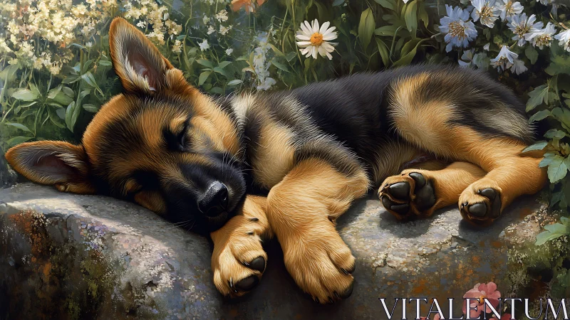 Sleeping shepherd puppy dreams peacefully in a flower garden