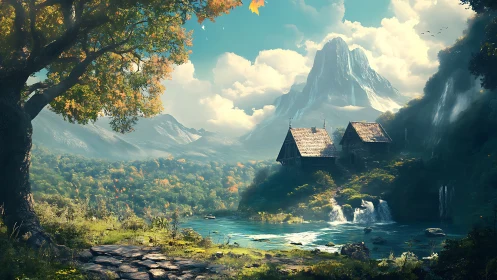 Cozy mountain cottages beside a sparkling forest lagoon.