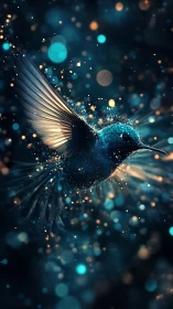 Shimmering hummingbird glides through glowing night magic