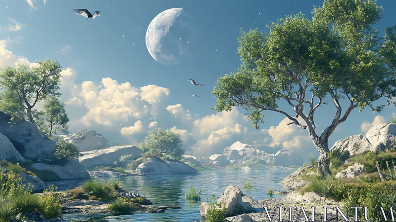 Lunar-illuminated lacustrine valley with high-fidelity foliage render.