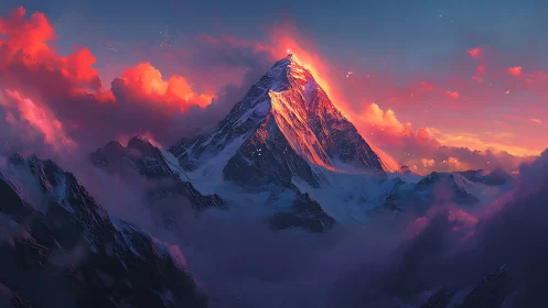 Sunlit mountain peak glowing softly above drifting clouds.