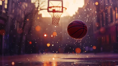 Golden hour street court celebrates a rain soaked basketball