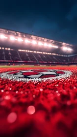 Stadium spotlight crowns a glowing red football emblem.