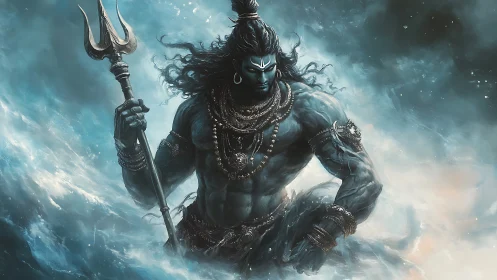 Blue-skinned warrior figure with trident in turbulent mist