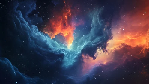 Fiery cosmic nebula swirls meet tranquil blue starlit clouds