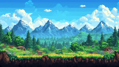 Pixel-structured alpine valley with foreground grassland rim.