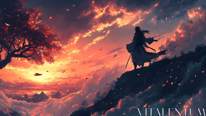 Lone samurai studies burning sunset above cloud sea.