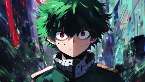 Anime hero with intense gaze amid shattered city lights.