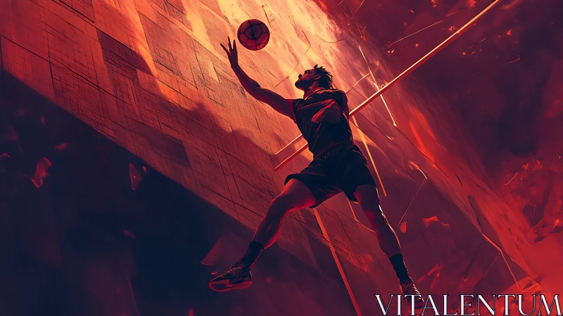 Basketball player soars through fiery abstract arena light