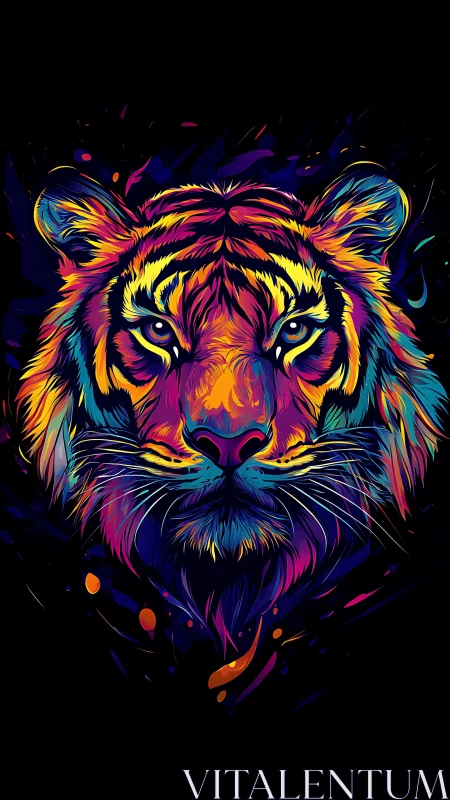 Multicolor frontal tiger portrait on black background.