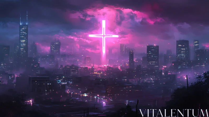 Neon cross illuminating dense futuristic city skyline.