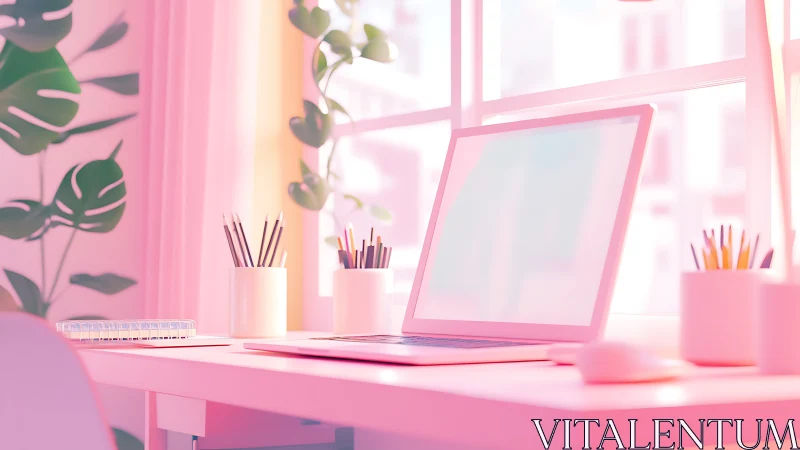 Soft pink minimalist workspace with sunlit laptop scene.