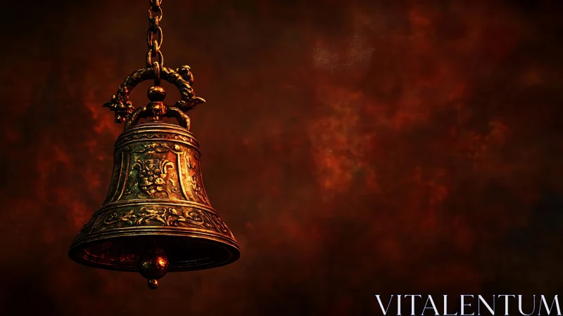 Ornate brass bell hangs on chain before diffuse dark backdrop