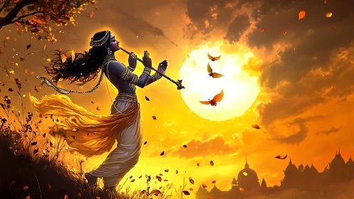 Silhouetted flute player before large sun and distant temples.