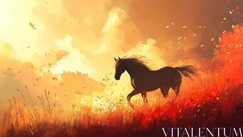 Wild horse crossing burning-gold field at sunset glow.