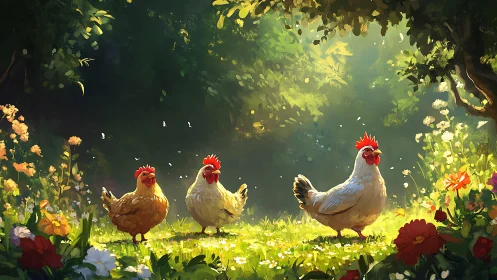 Three roosters stand in sunlit garden with blooming flowers