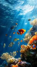 Clownfish swim through sunlit coral reef in clear blue sea