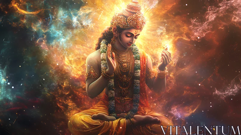 Cosmic meditative deity in radiative nebular energy field.