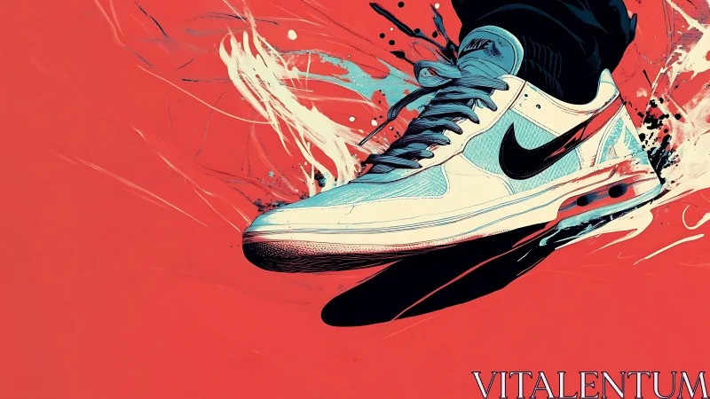 Dynamic sneaker in motion bursts across bold red canvas