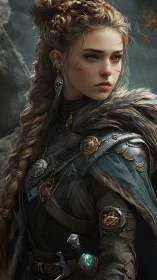 Warrior maiden stands vigilant in misted, rugged highlands