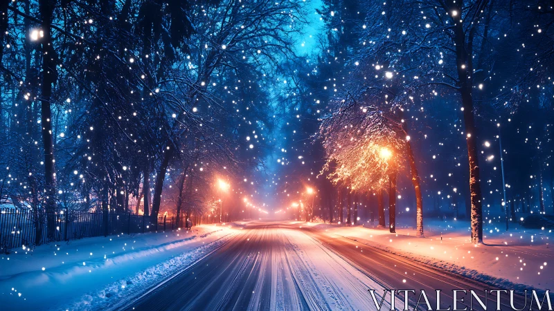Snowfall illuminates a winter road with vivid bokeh lighting