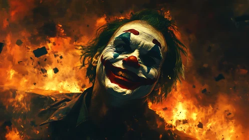 Smiling clown amid blazing explosion radiates chaotic energy.