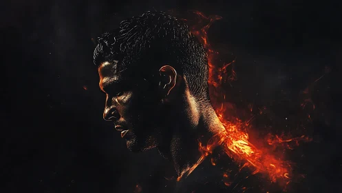 Fiery male profile silhouette glows through dark void.