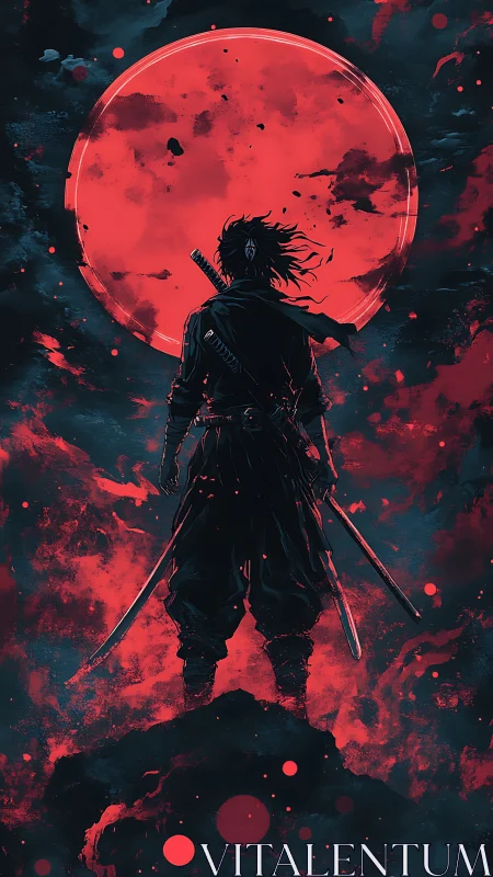 Lone ronin crowns a blood-red moon with shadowed steel.