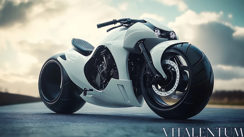 Futuristic white concept motorcycle on open roadway surface.