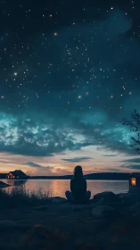 Person watching starry night sky over calm lakeside water.