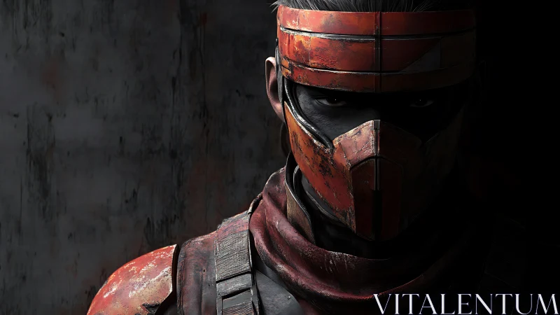 Silent masked warrior in worn crimson armor, half in shadow.