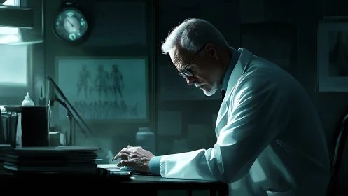 Older scientist works late at cluttered lab desk in dim light.
